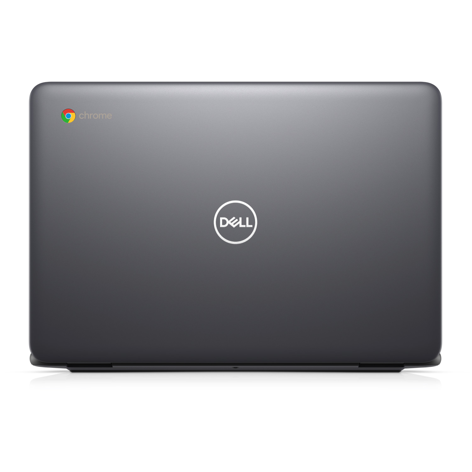 Geschlossener dunkelgrauer Dell Chromebook Laptop mit weißem Dell-Logo und Chrome-Schriftzug auf der Rückseite.