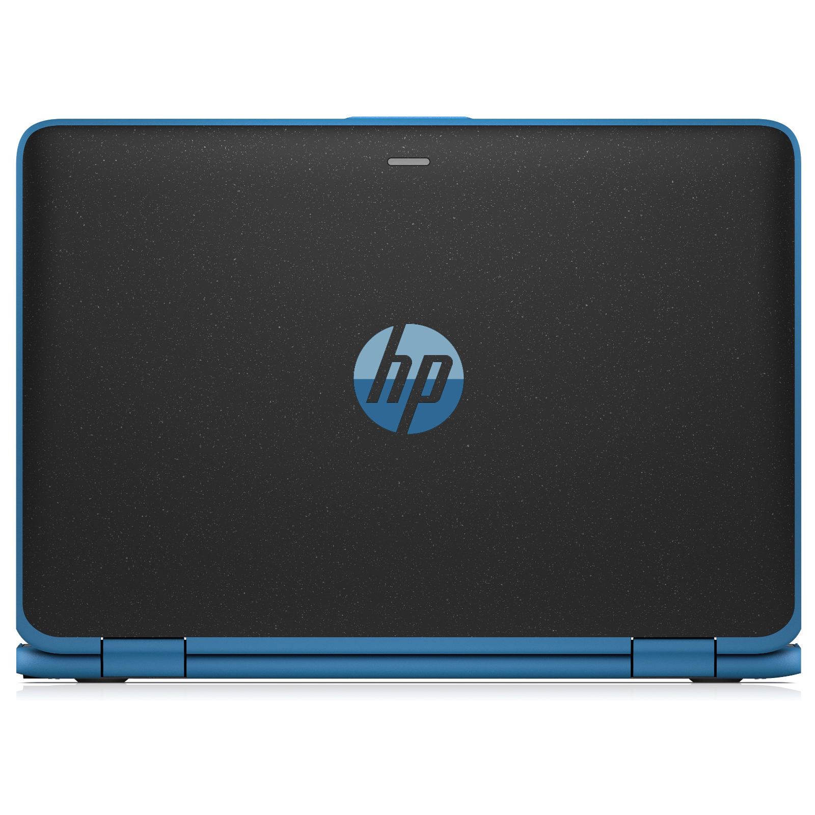 Ein geschlossener blauer und schwarzer HP-Laptop mit dem runden HP-Logo in der Mitte.
