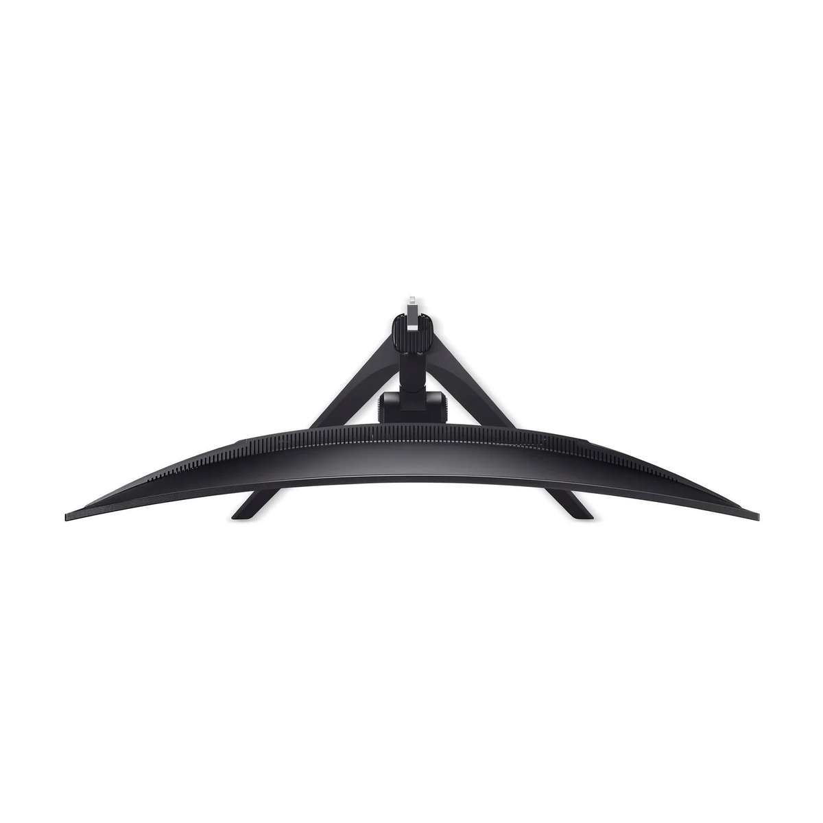 A top-down view of a curved black computer monitor with a V-shaped stand against a plain white background.