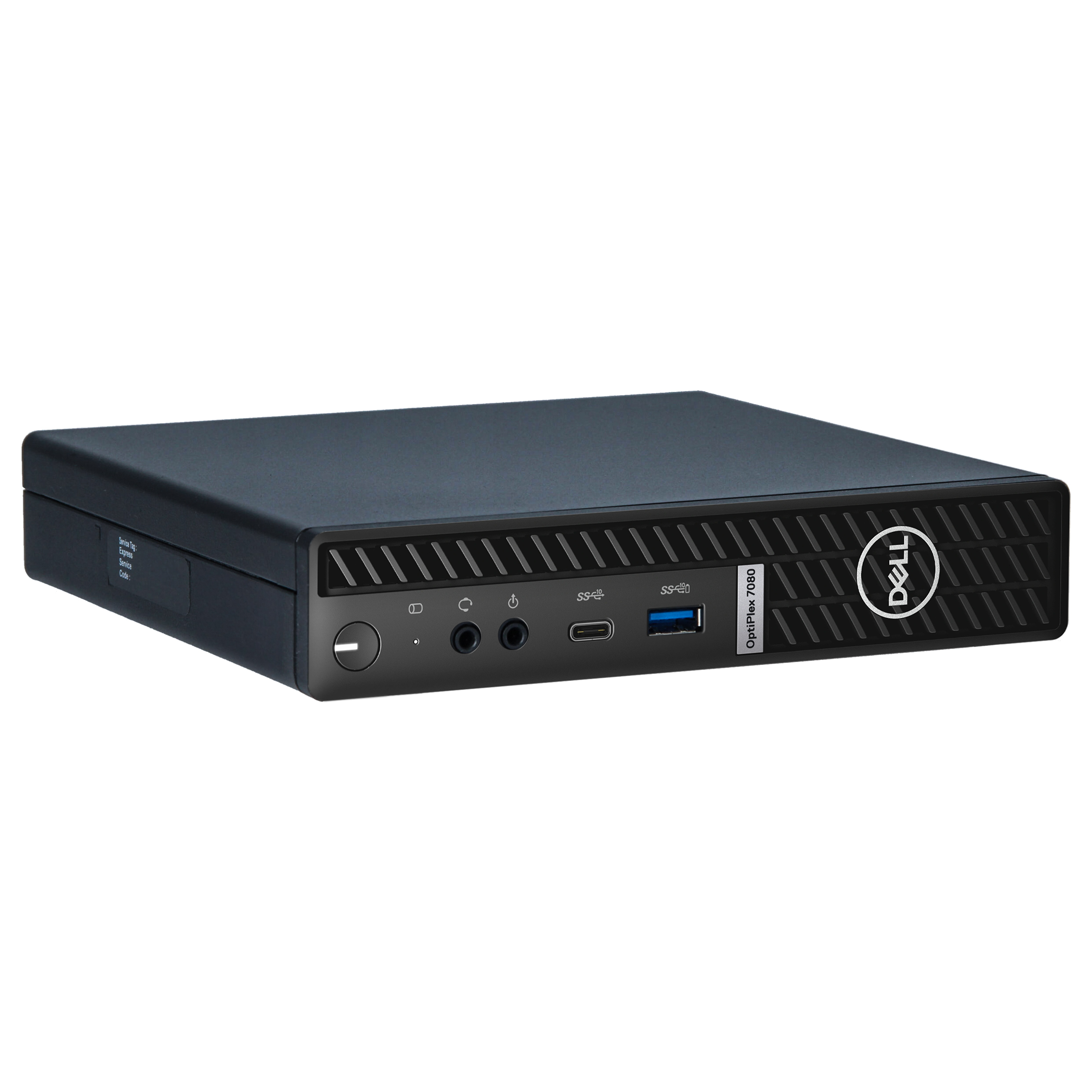 Ein schwarzer Dell OptiPlex 7080 Mikro-Desktop-Computer auf weißem Hintergrund mit Frontanschlüssen und Logo.