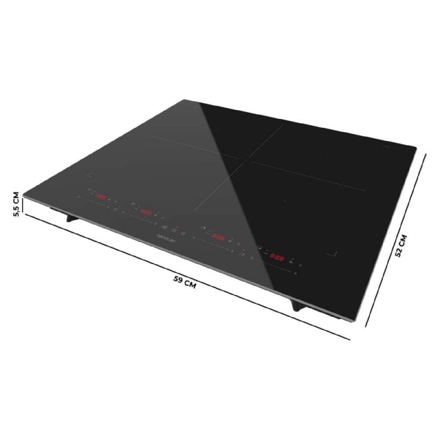Placa de inducción negra con cuatro zonas, pantalla LED roja y marcas de dimensiones en centímetros sobre fondo blanco.
