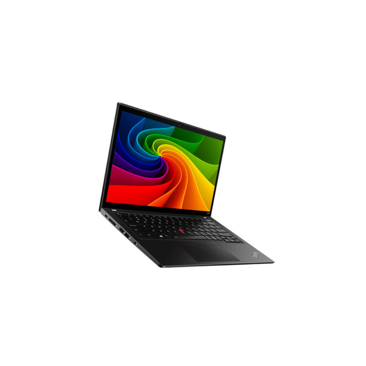 Ein schwarzer Laptop auf weißem Hintergrund mit einem bunten, spiralförmigen Bildschirmhintergrund.