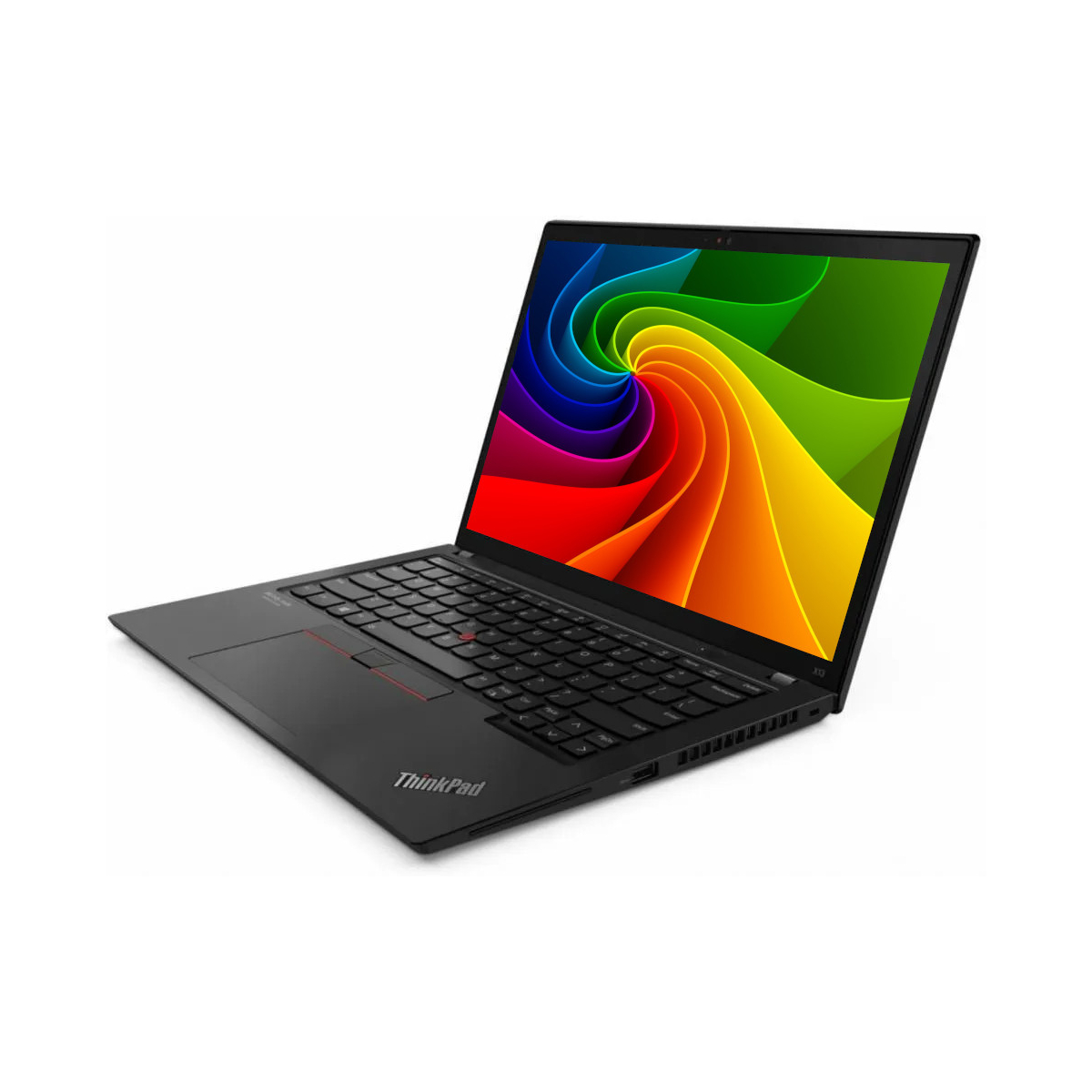 Ein schwarzer ThinkPad-Laptop zeigt einen bunten, wirbelnden Hintergrund auf dem Bildschirm.