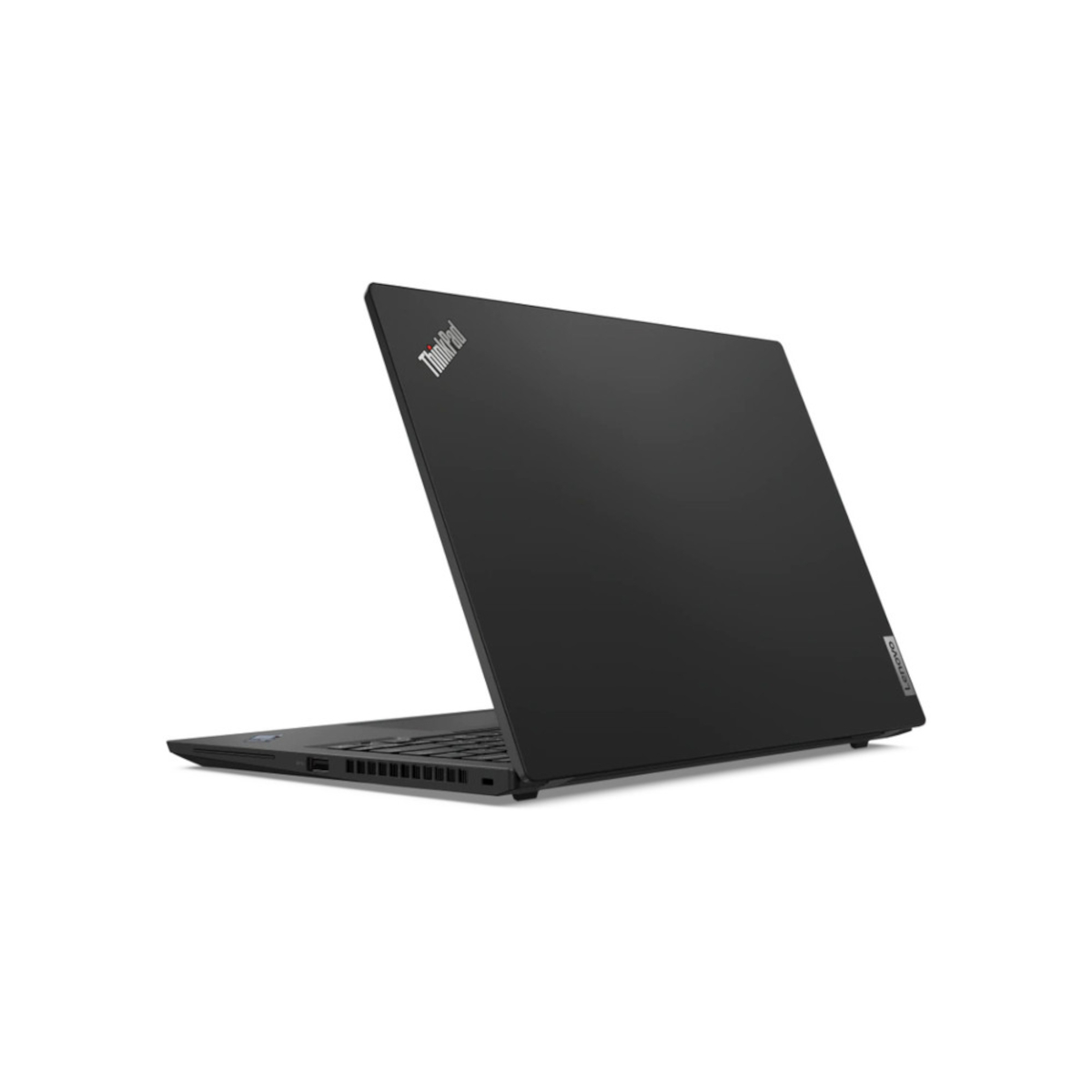 Ein schwarzer Lenovo ThinkPad Laptop auf weißem Hintergrund, gesehen von schräg hinten.