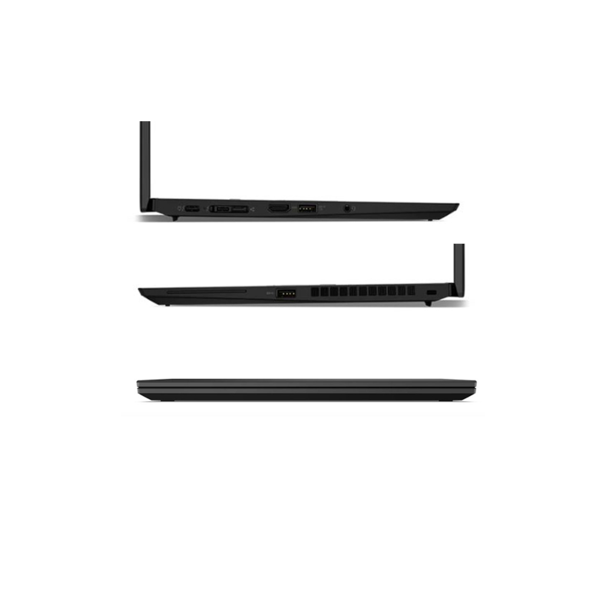 Drei Ansichten eines geschlossenen schwarzen Laptops mit sichtbaren Anschlüssen und Lüftungsschlitzen.
