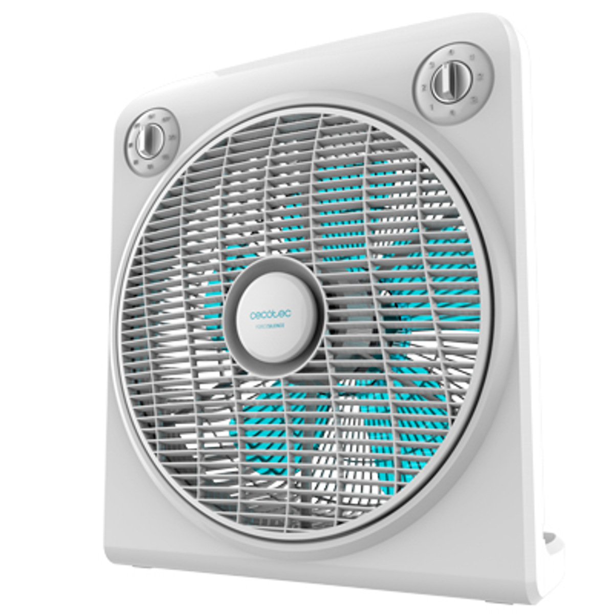 Un ventilador de caja blanco con aspas azul claro, dos mandos de control y el logotipo de Cecotec.
