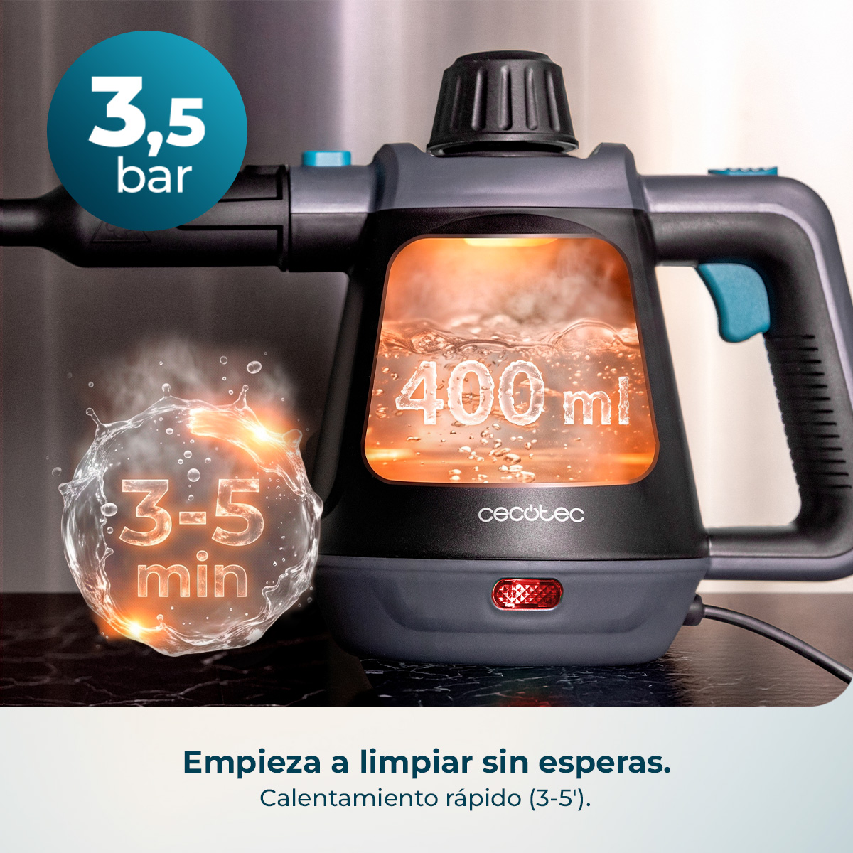 Pulitore a vapore portatile nero con serbatoio da 400 ml, 3,5 bar e 3-5 min di riscaldamento.