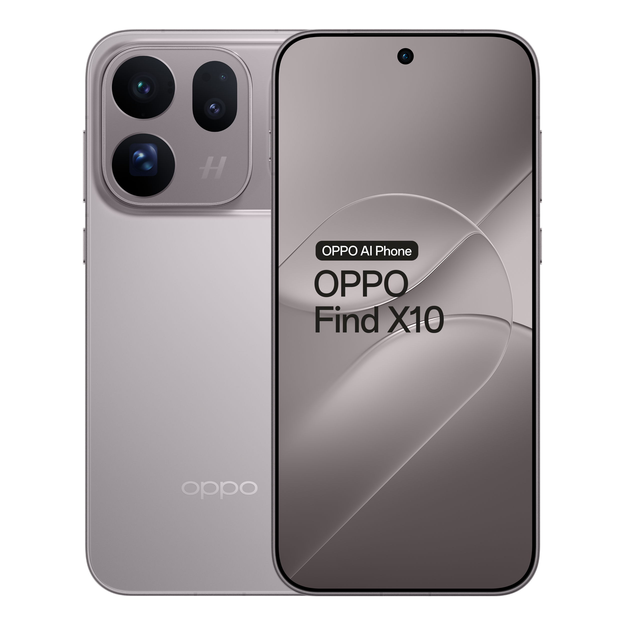 Silver Oppo Find X10 smartphone, front and back shown, with triple camera and text OPPO AI Phone.