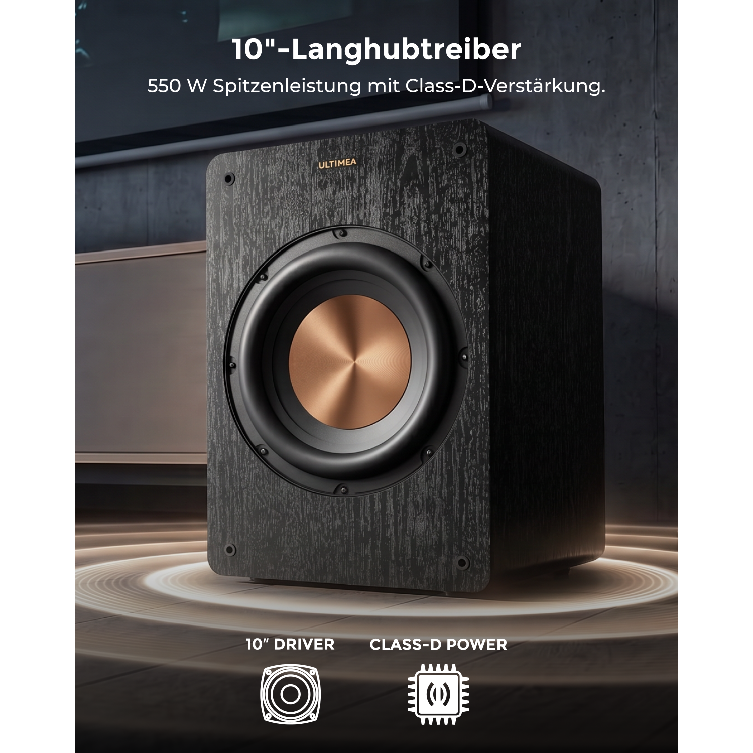 Schwarzer 10-Zoll-Subwoofer mit kupferfarbenem Treiber und Text oben.