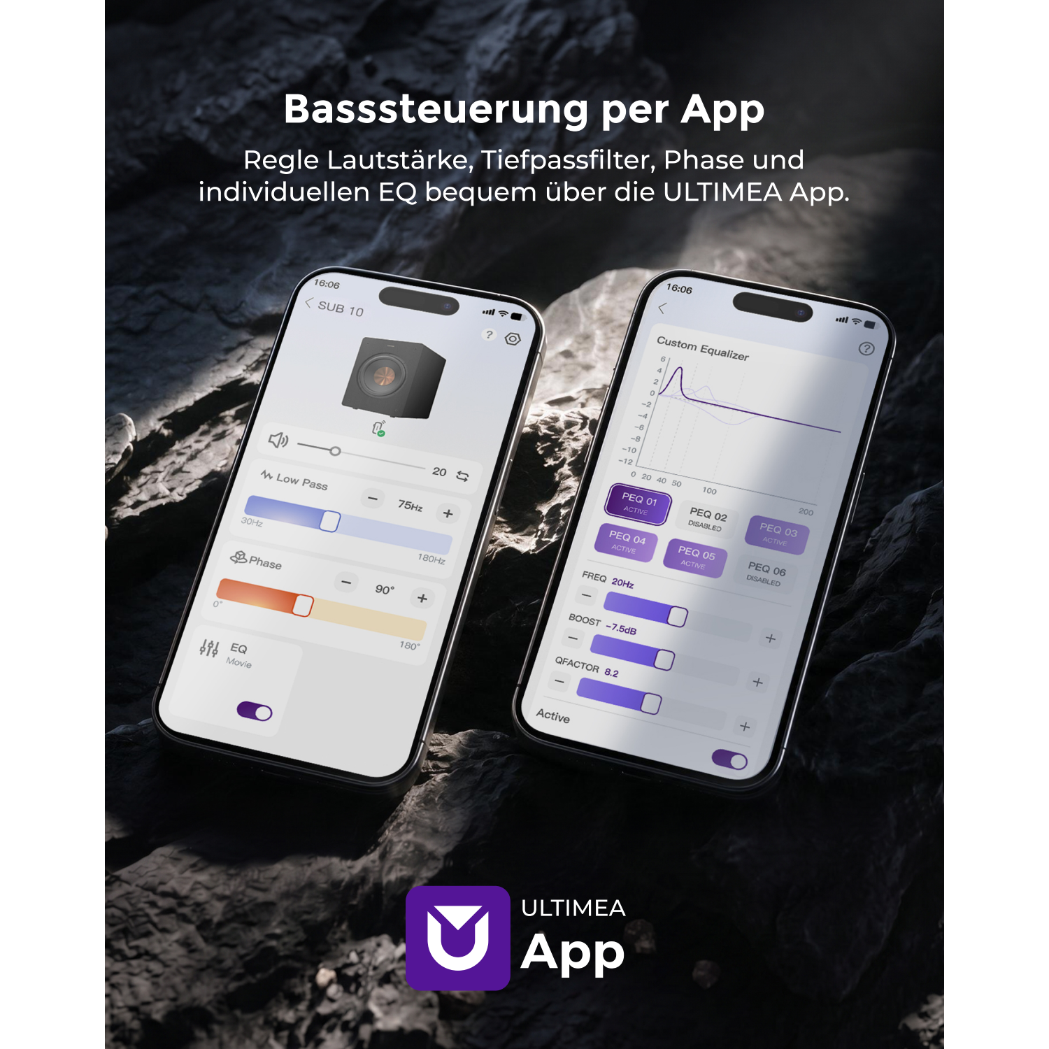Zwei Smartphones mit Audio-Steuerungs-Apps vor dunklem Felsenhintergrund.