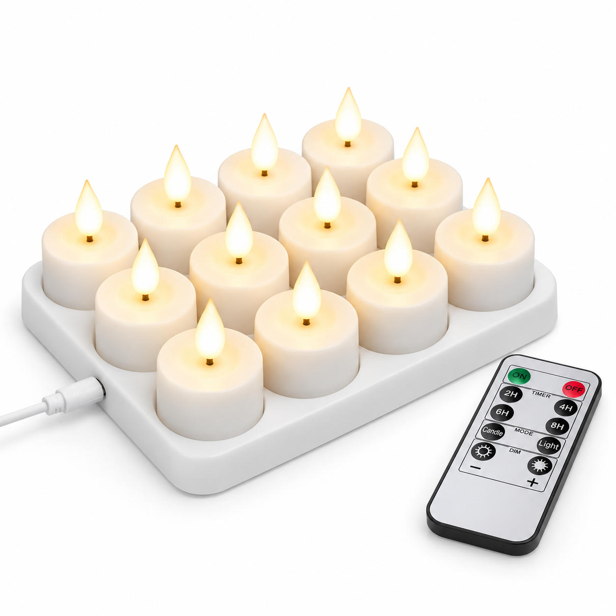 Twelve white LED tea lights on a charging base with a remote control and cable.