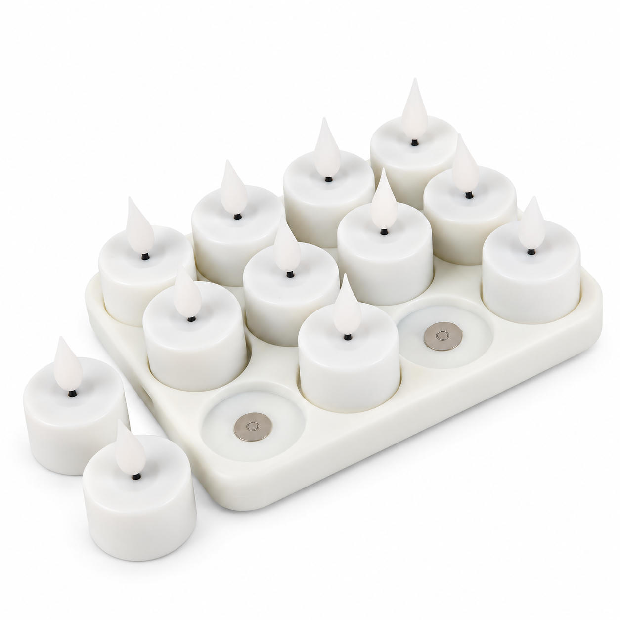 White LED tealights on a charging tray with two empty slots.