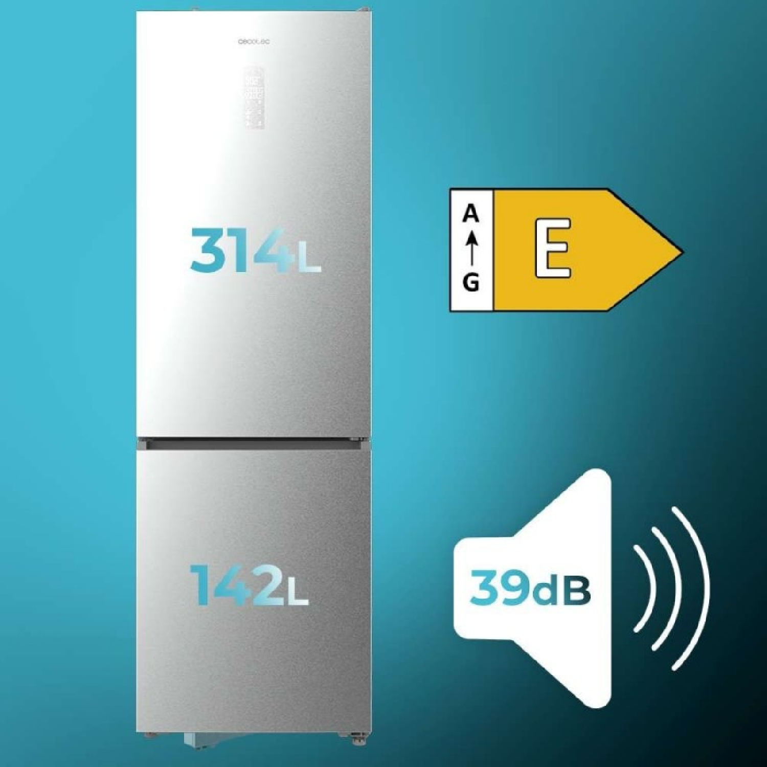 Frigorífico plateado con clase energética E, 314L y 142L de capacidad y 39 dB de ruido.