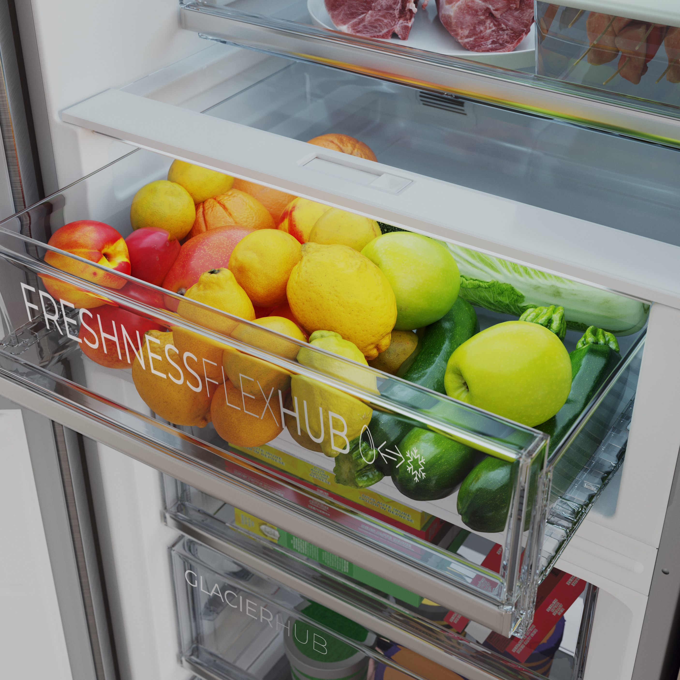 Cajón de refrigerador abierto lleno de frutas y verduras coloridas.