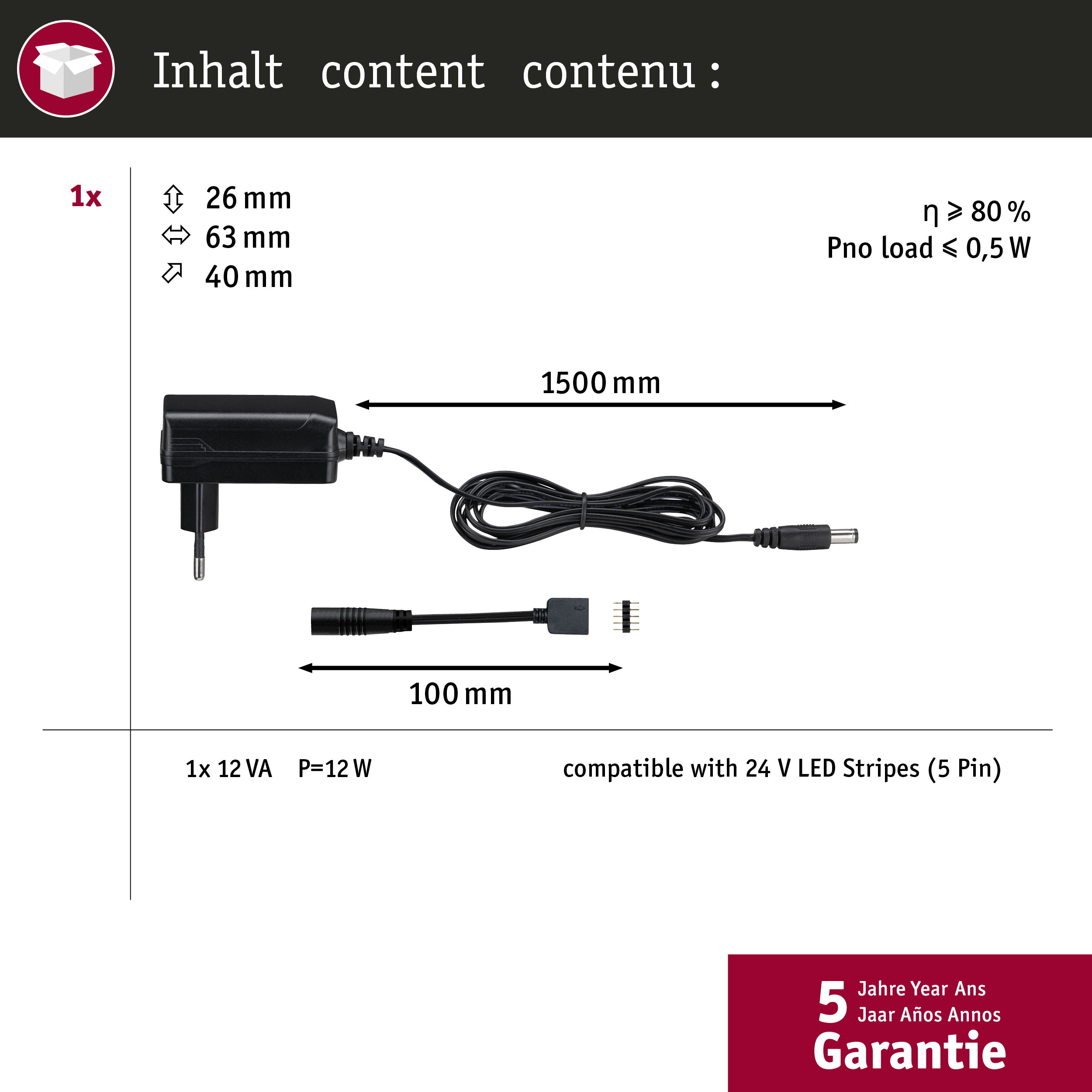 Diagramm zeigt ein 12W Netzteil mit Steckern, Kabeln und Abmessungen für 24V LED-Stripe.