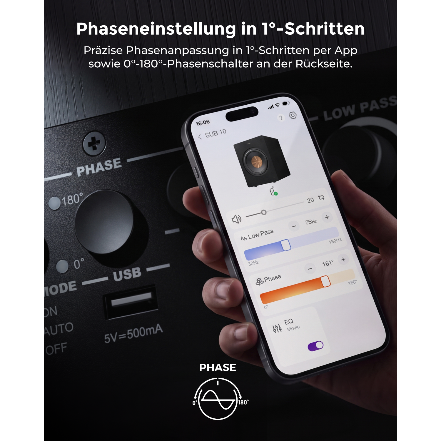 Smartphone zeigt App zur Phaseneinstellung eines Subwoofers in 1-Grad-Schritten vor einem Audiogerät.