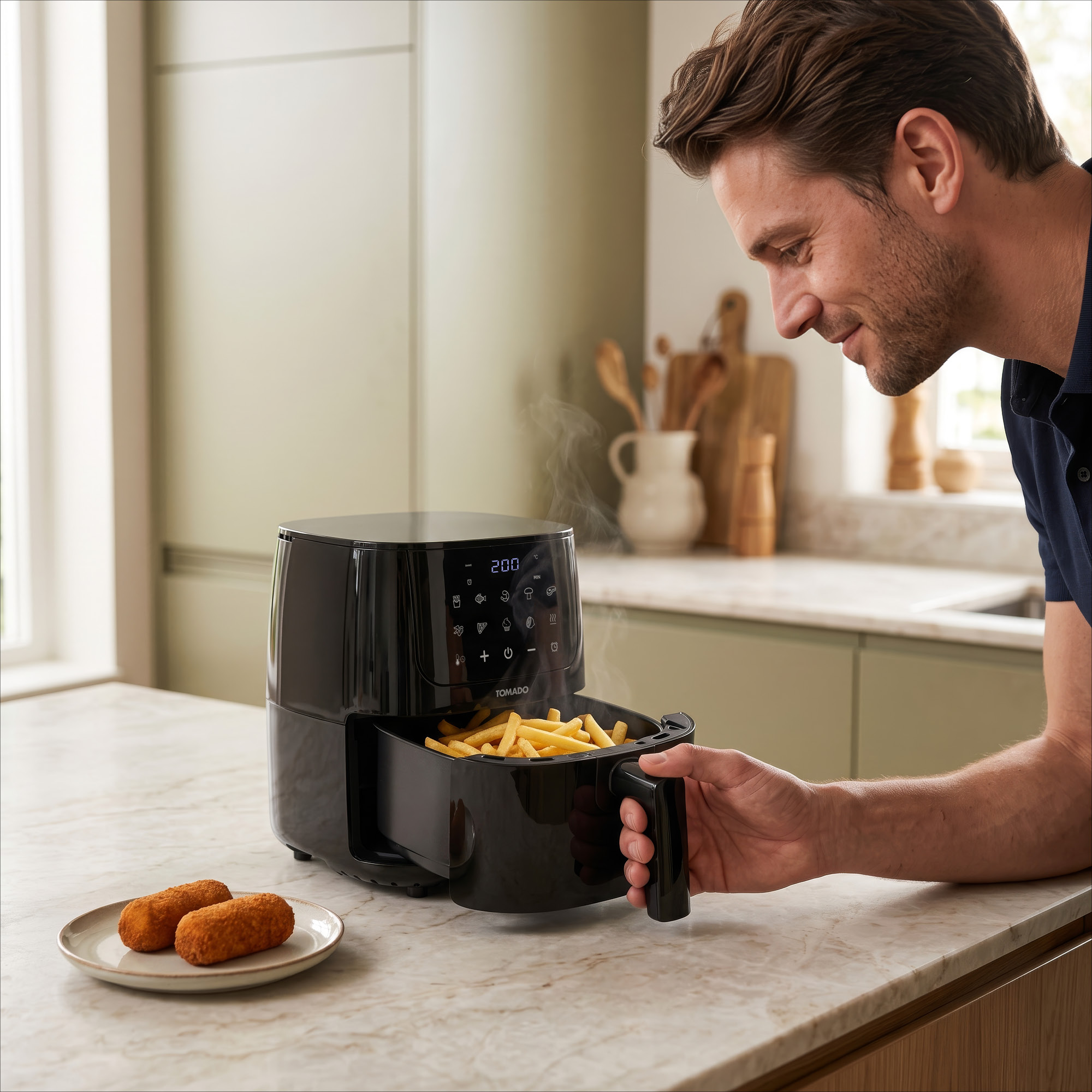 A man smiles while checking steaming French fries in a black air fryer on a kitchen counter, with two croquettes nearby.