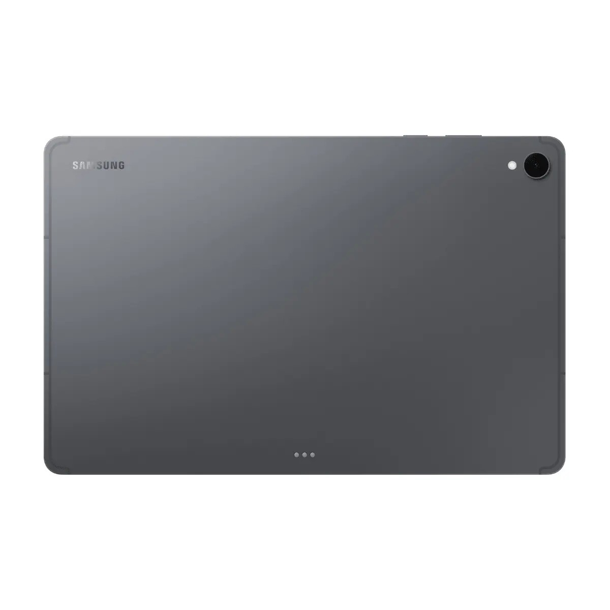 Parte trasera de una tablet gris Samsung con cámara en la esquina superior derecha.