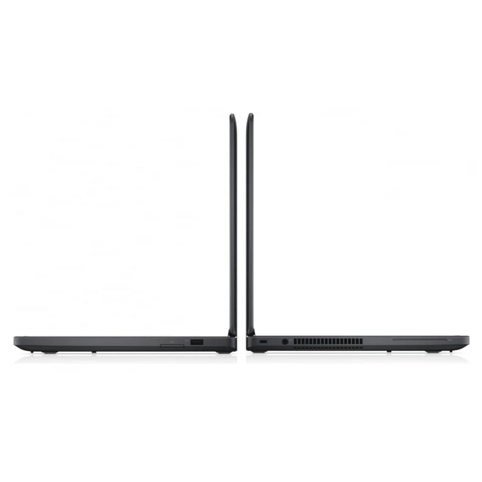 Zwei schwarze Laptops von der Seite vor weißem Hintergrund, Anschlüsse und schmales Profil.