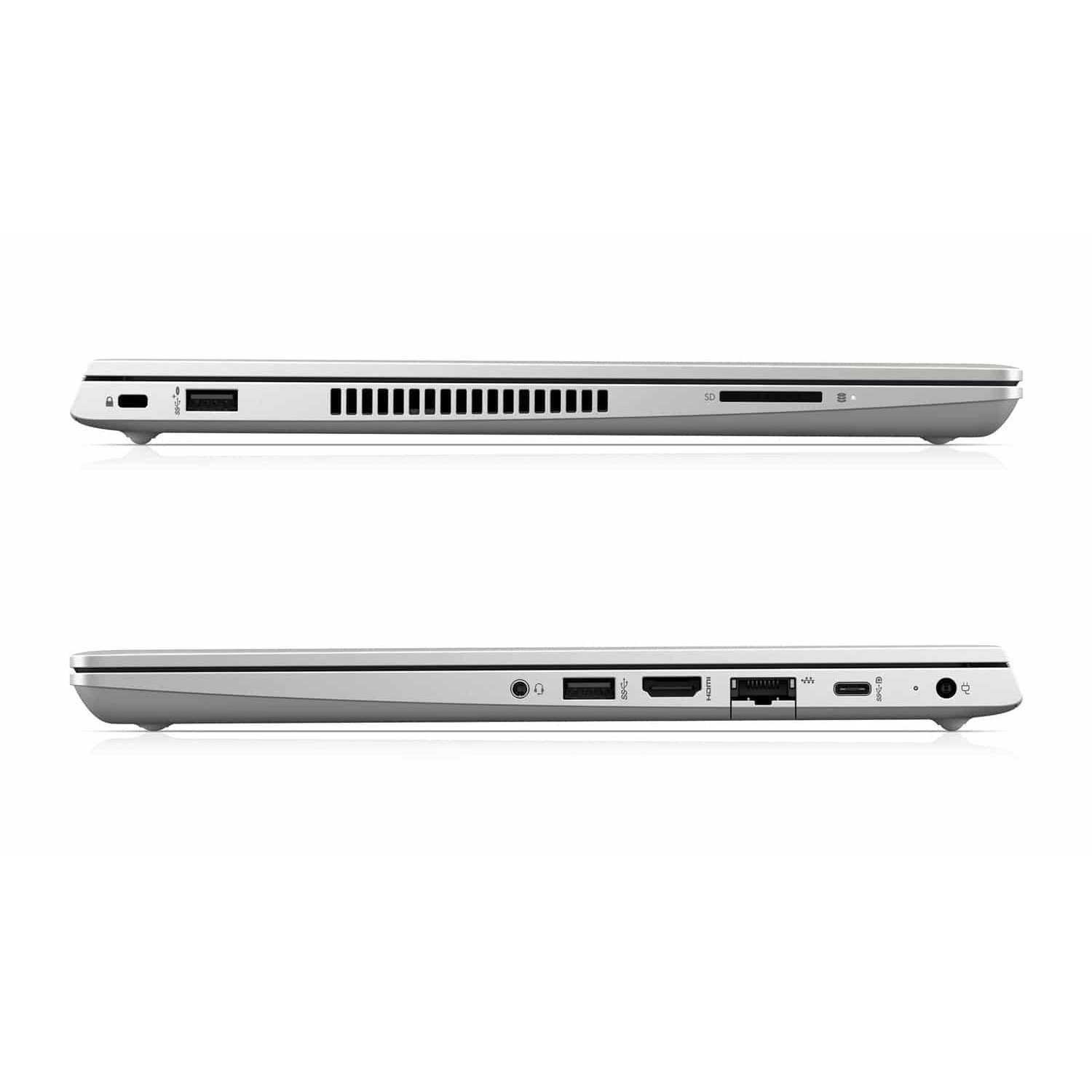 Seitenansicht eines silbernen Laptops mit USB-, HDMI-, Ethernet-Anschlüssen und Lüftungsschlitzen auf weißem Grund.