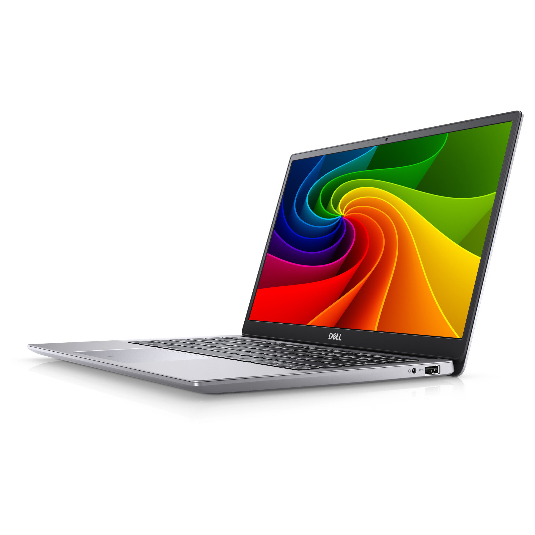 Ein silberner Dell Laptop mit einem lebendigen Regenbogen-Wirbel-Hintergrundbild auf dem Bildschirm, weißer Hintergrund.