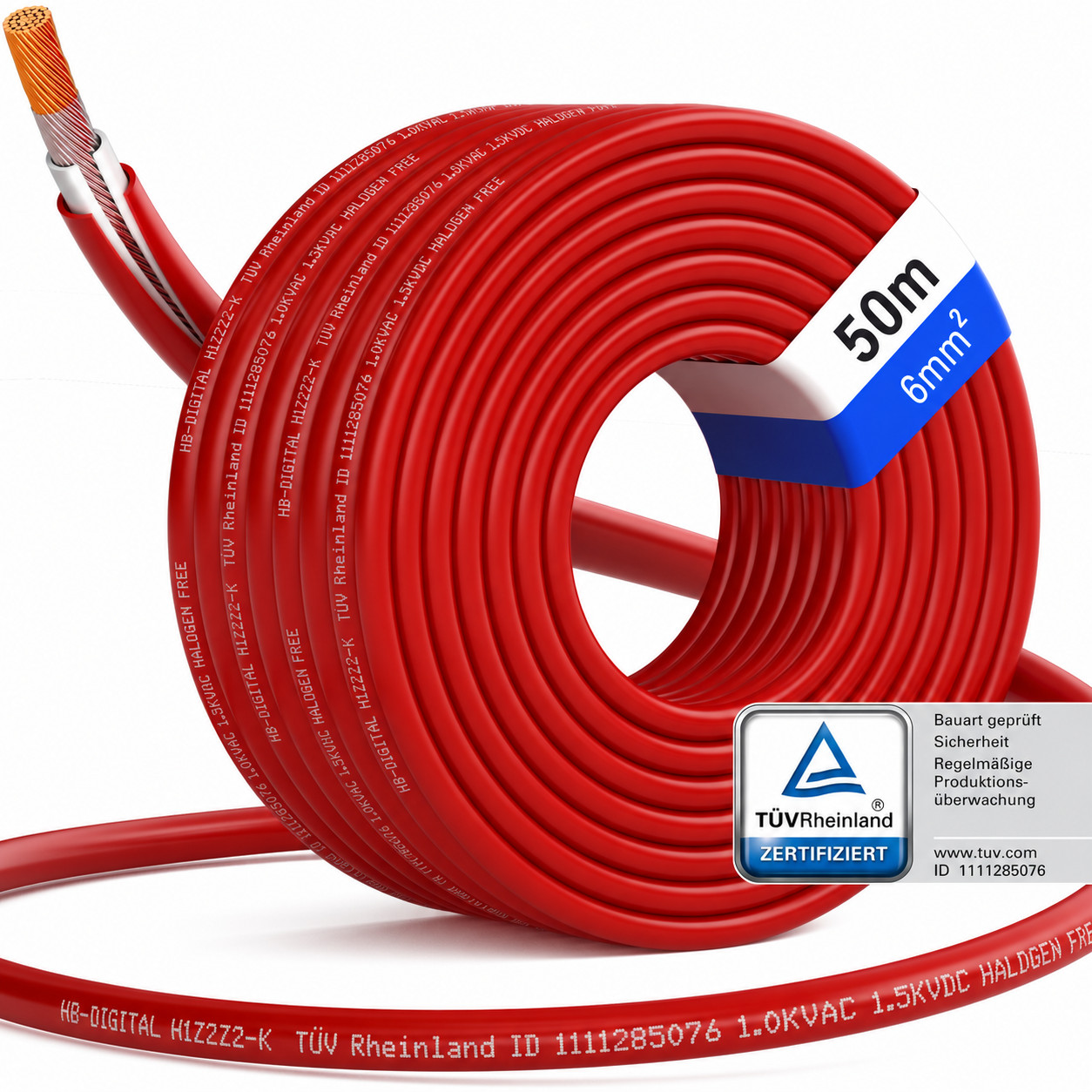 Rolle aus rotem 50m Solarkabel mit 6mm2, inklusive TÜV-Zertifizierung.