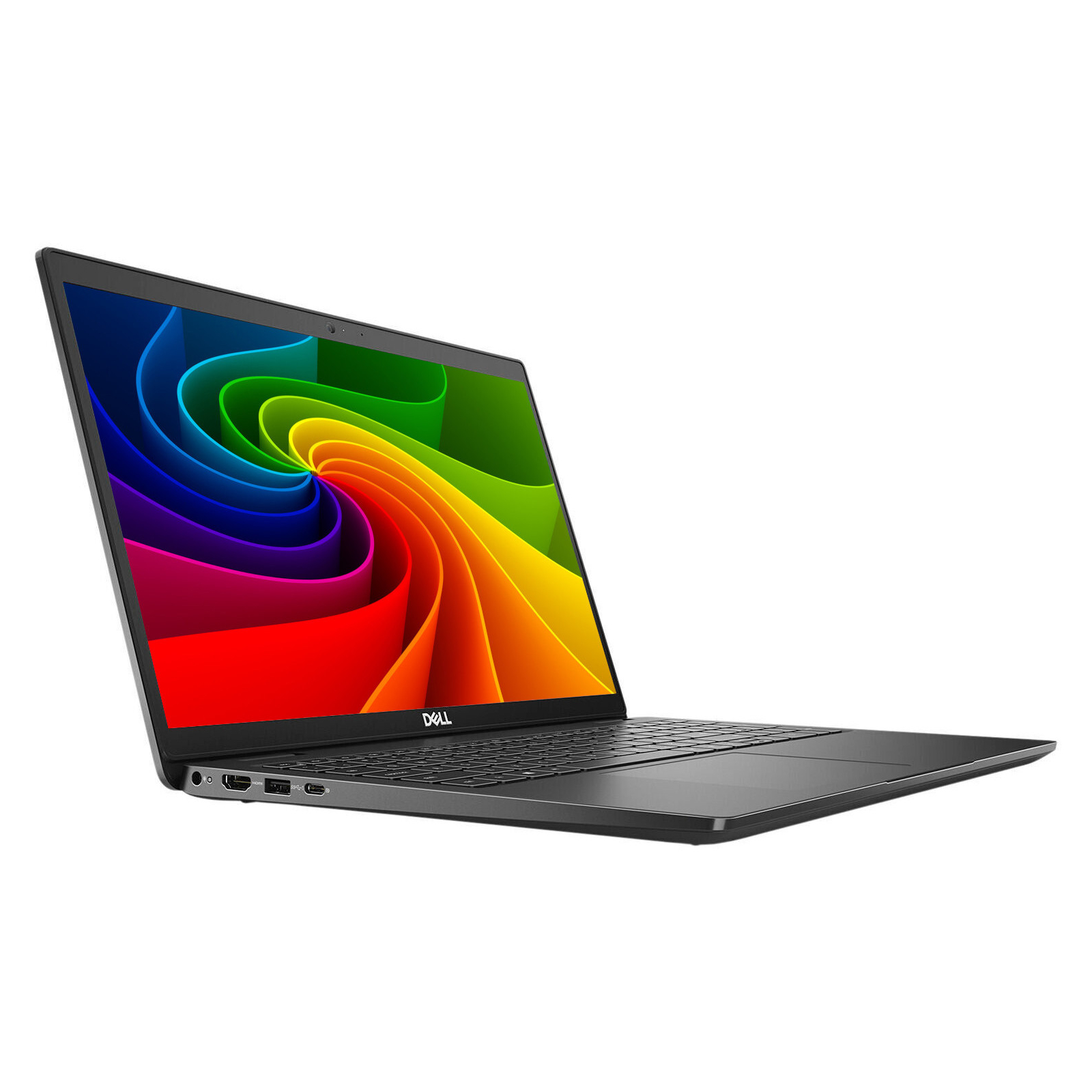 Ein schwarzer Dell Laptop auf weißem Hintergrund mit einem bunten, wirbelnden Regenbogen-Hintergrundbild.