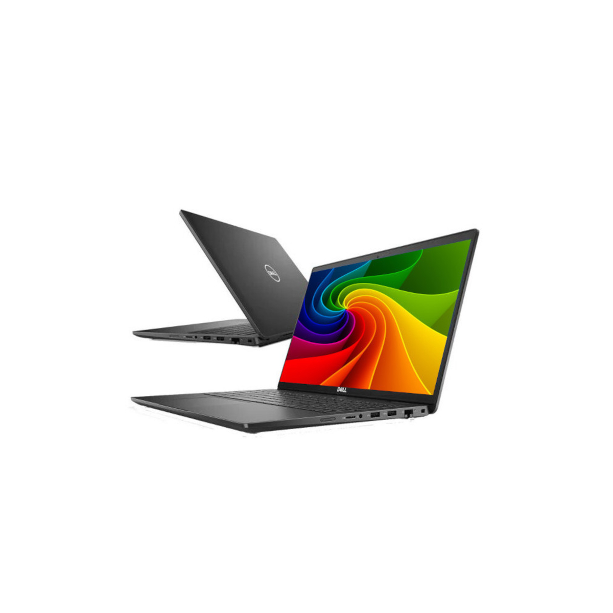 Zwei schwarze Dell Laptops vor weißem Hintergrund, einer zeigt einen bunten Wirbel auf dem Bildschirm.