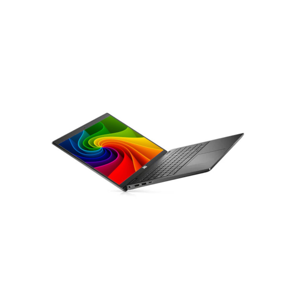 Ein offener schwarzer Laptop mit einem bunten, spiralförmigen Hintergrundbild auf einem weißen Hintergrund.