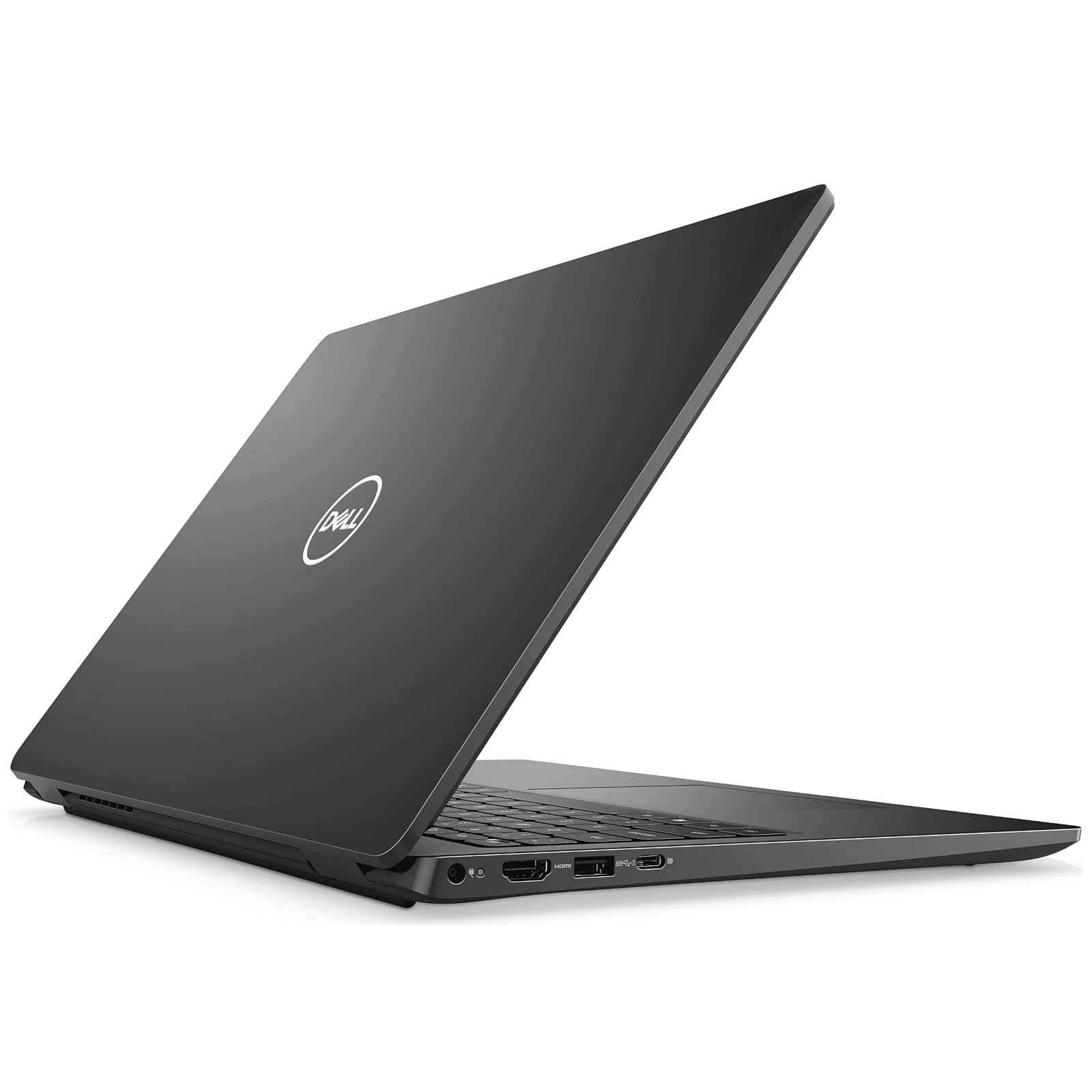 Ein schwarzer Dell Laptop auf einer weißen Oberfläche, von schräg hinten mit sichtbaren Anschlüssen.