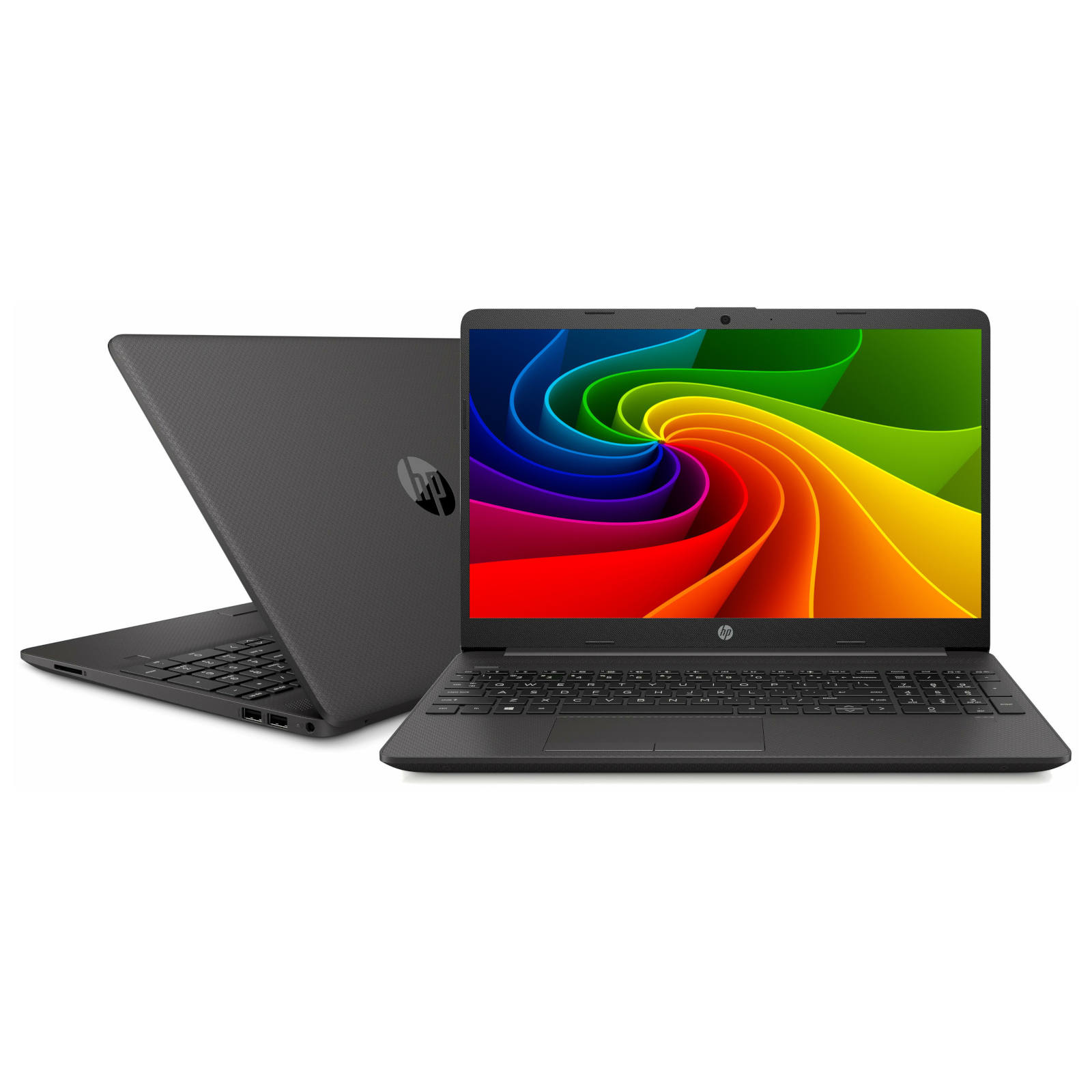 Zwei graue HP Laptops gegen weissen Hintergrund. Einer zeigt einen bunten Wirbel, der andere das geschlossene Logo.