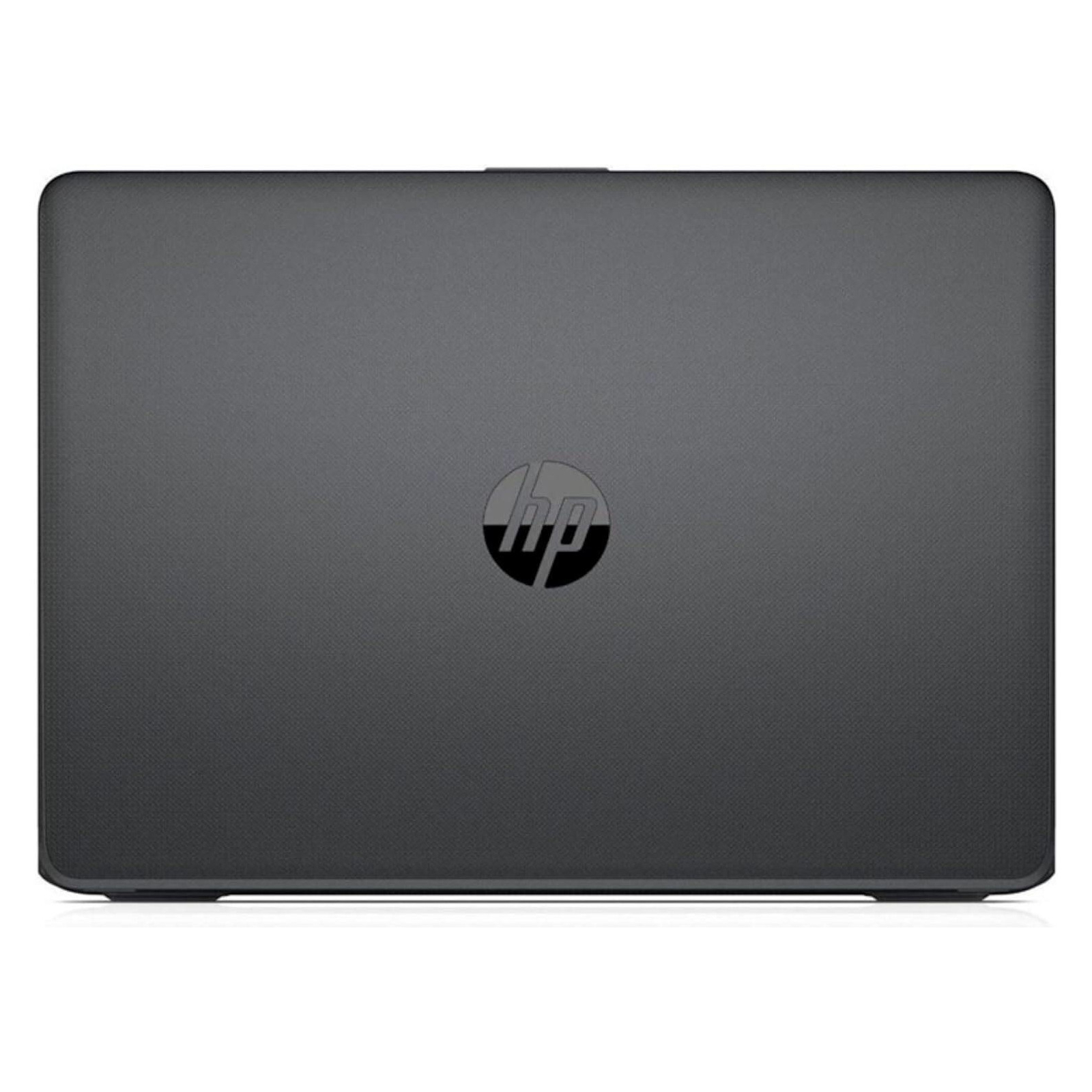 Geschlossener grauer HP Laptopdeckel mit zentriertem schwarzem HP Logo auf weißem Hintergrund.