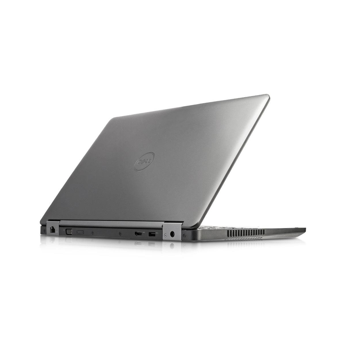 Ein grauer Dell-Laptop steht auf einer weißen Oberfläche und zeigt die Rückseite mit Anschlüssen.