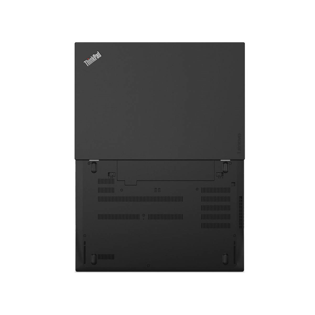 Ein schwarzer ThinkPad Laptop von unten, mit Lüftungsschlitzen und Gummifüßen.