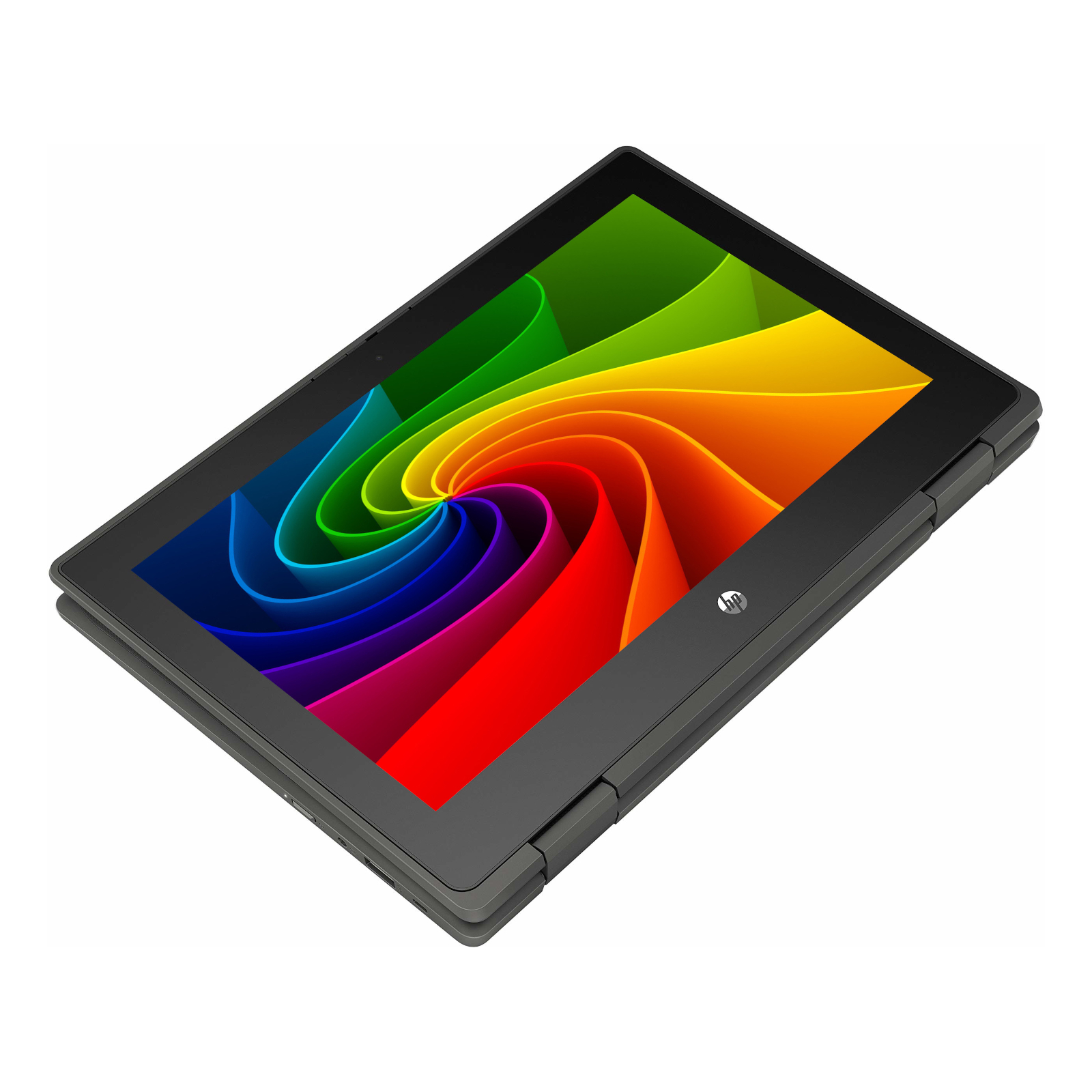 Ein geschlossener schwarzer HP Laptop auf weißem Hintergrund mit einem Regenbogen-Wirbelmuster auf dem Bildschirm.