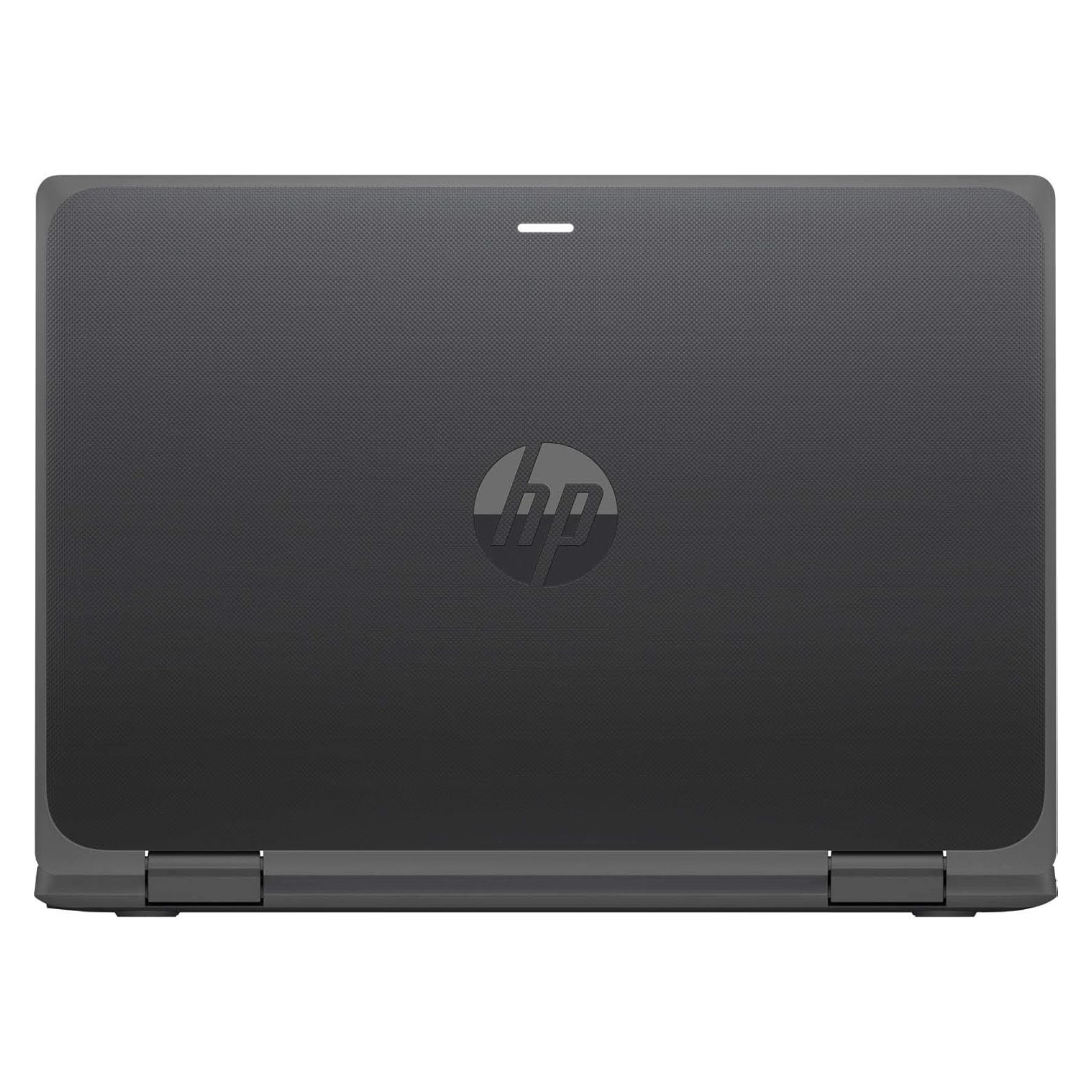 Geschlossener grauer HP Laptop von oben, mit zentriertem HP Logo und strukturierter Oberfläche auf dem Deckel.