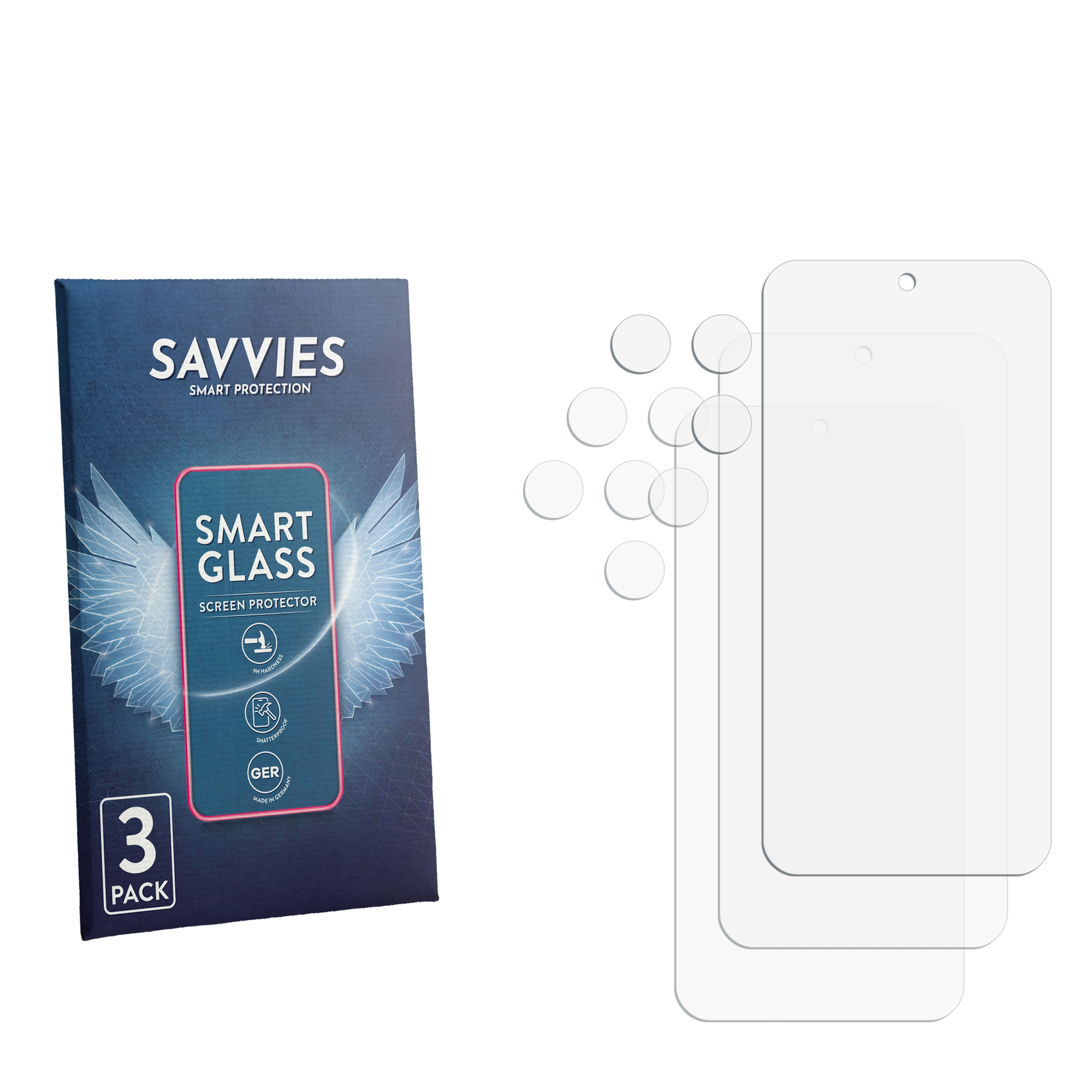Savvies Smart Glass 3er-Pack Displayschutzfolien mit Verpackung.