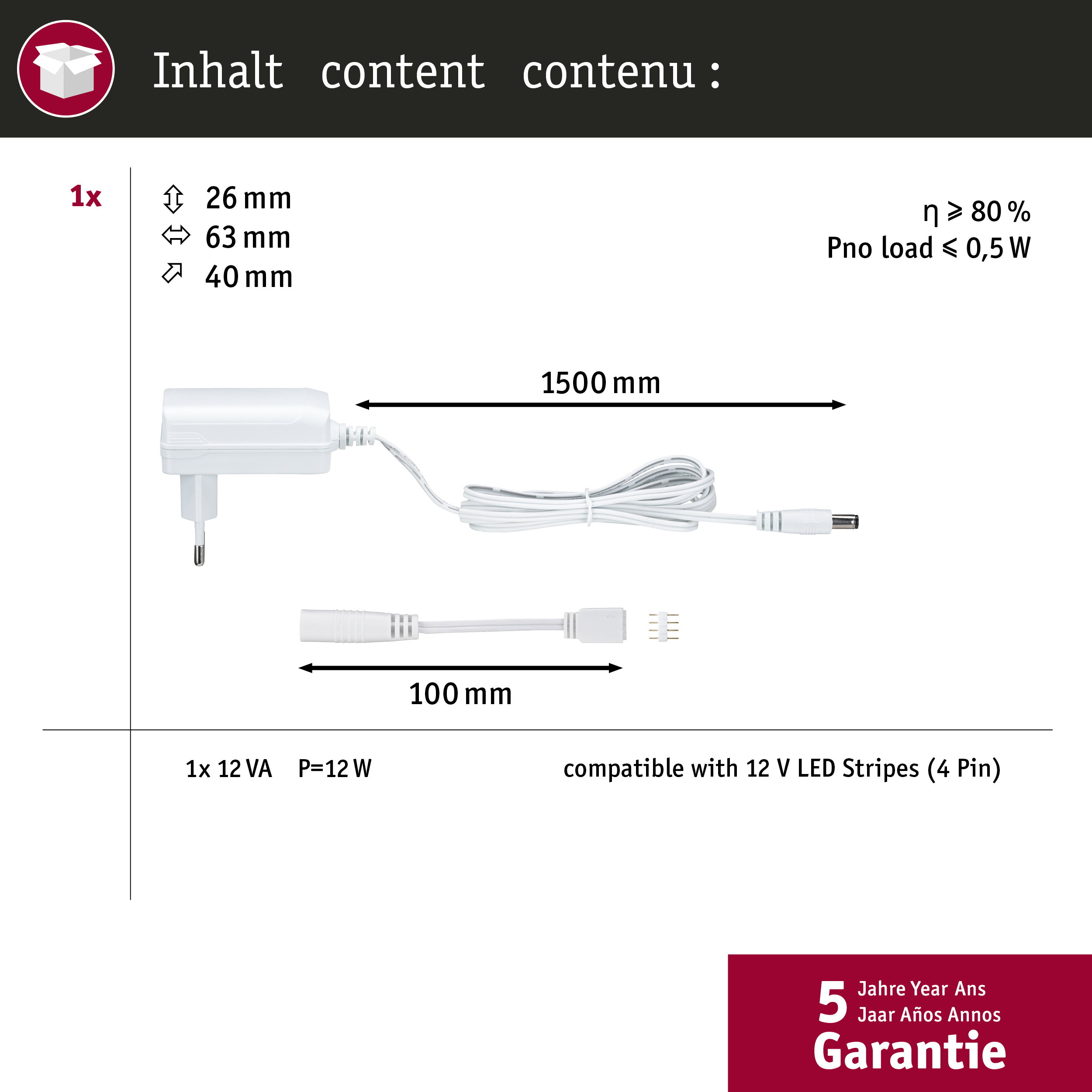 Diagramm zeigt ein weißes 12V LED-Netzteil mit 1500mm Kabel und 100mm Adapter.