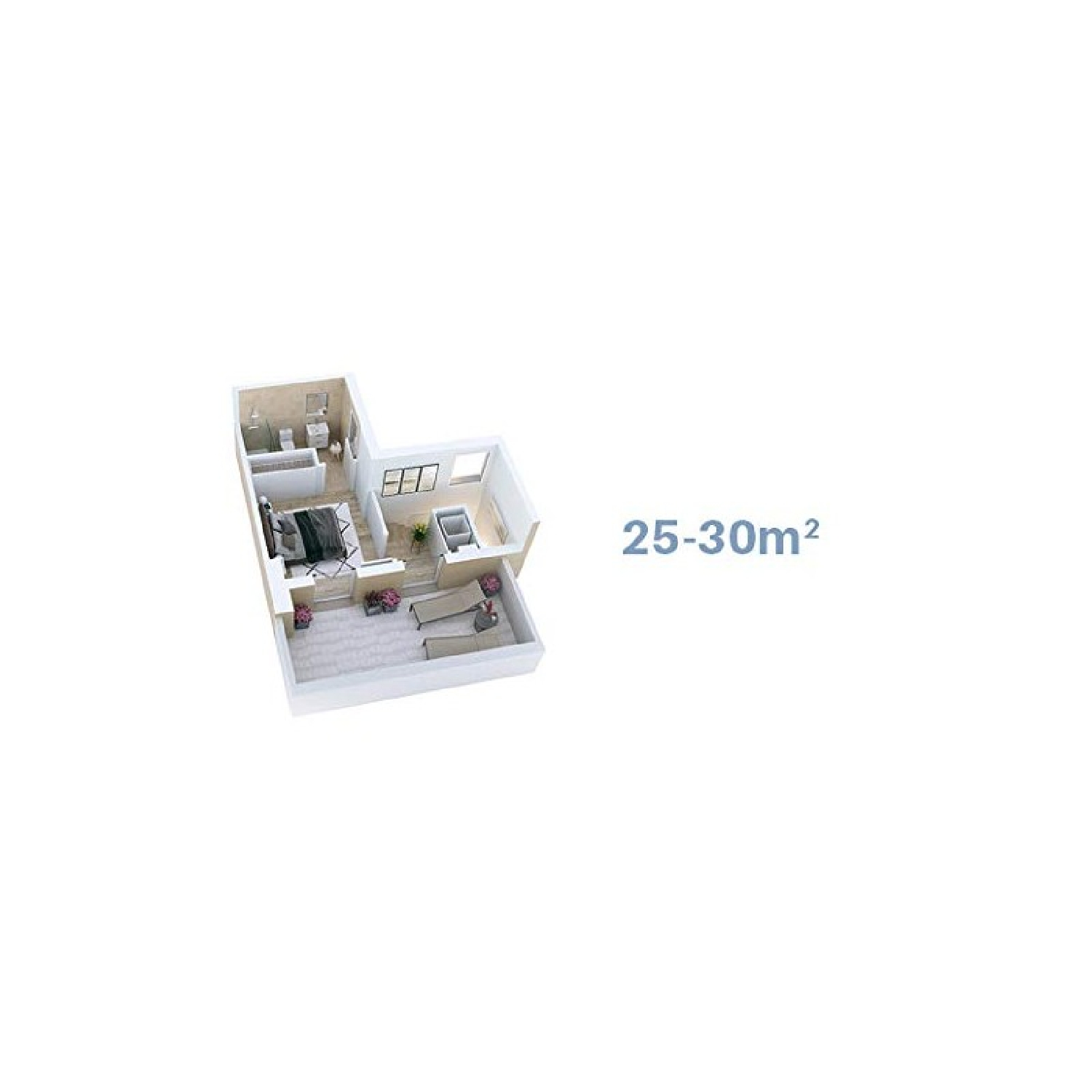 Plano 3D de un apartamento de 25-30m² con dormitorio, baño y balcón.