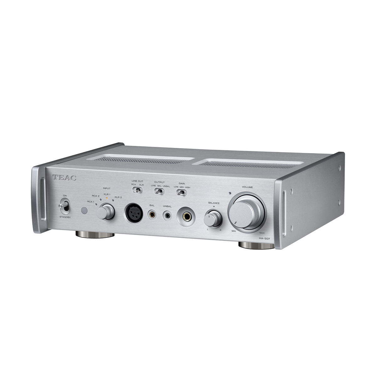 Silberner TEAC HA-507 Audioverstärker mit Knöpfen und Anschlüssen auf der Vorderseite.