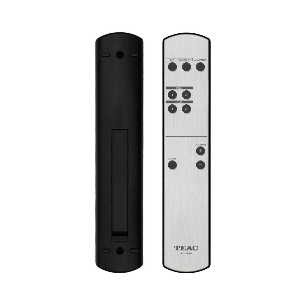 Eine schwarze TEAC RC-1340 Fernbedienung, vorne silbern und hinten schwarz.