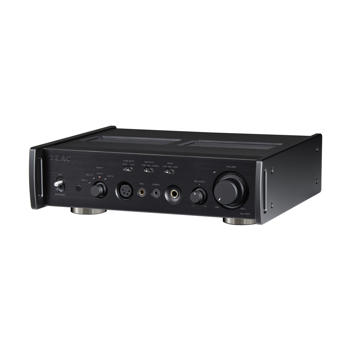 Schwarzer Teac HA-507 Audioverstärker mit Drehreglern und Anschlüssen.