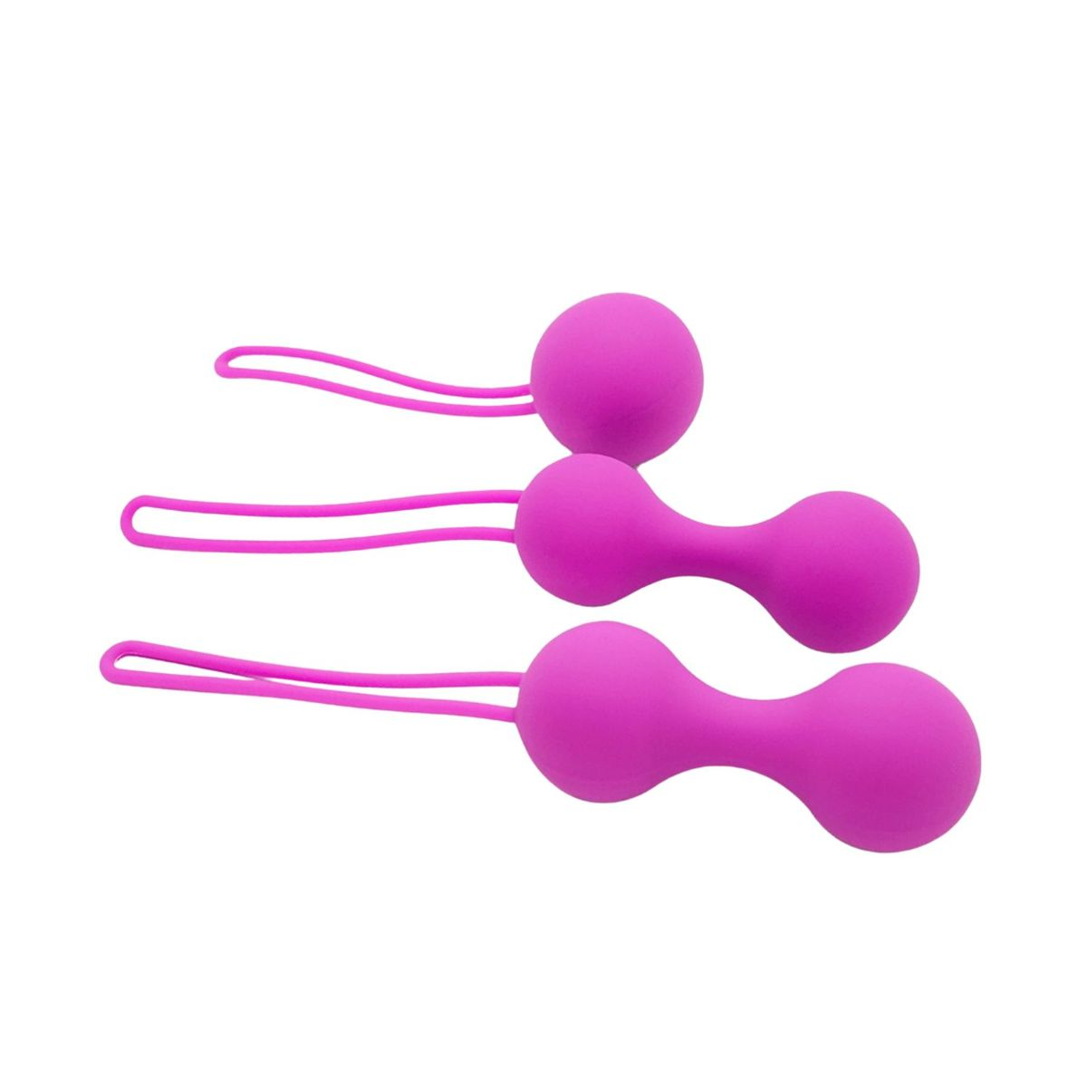 Drei rosa Silikon-Beckenbodenkugeln mit Rückholschlaufe vor weißem Hintergrund.