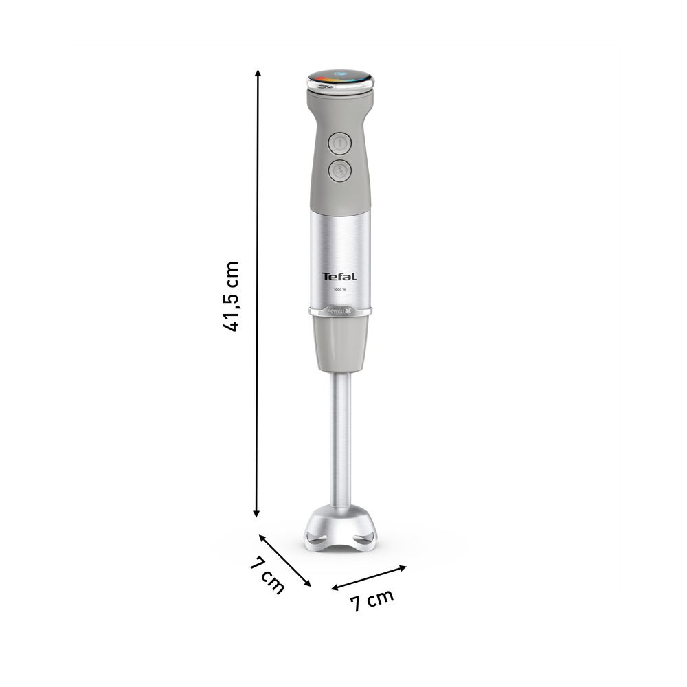 Silber- und grauer Tefal-Stabmixer mit Maßangaben von 41,5 cm Höhe und 7 cm Breite.