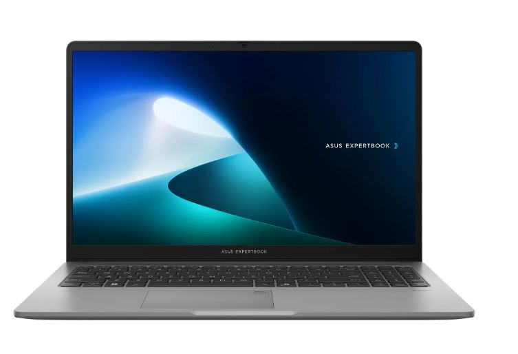 Beyaz arka planda mavi ekranlı ve siyah klavyeli gri bir Asus ExpertBook dizüstü bilgisayar.