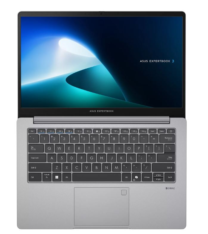 Mavi ekranlı ve arkadan aydınlatmalı klavyeli gümüş renkli ASUS ExpertBook.
