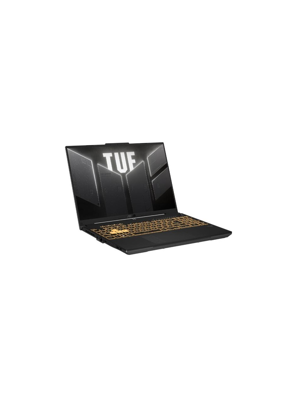 Işıklı klavyeye ve ekranda TUF logosuna sahip siyah bir Asus TUF oyun dizüstü bilgisayarı.