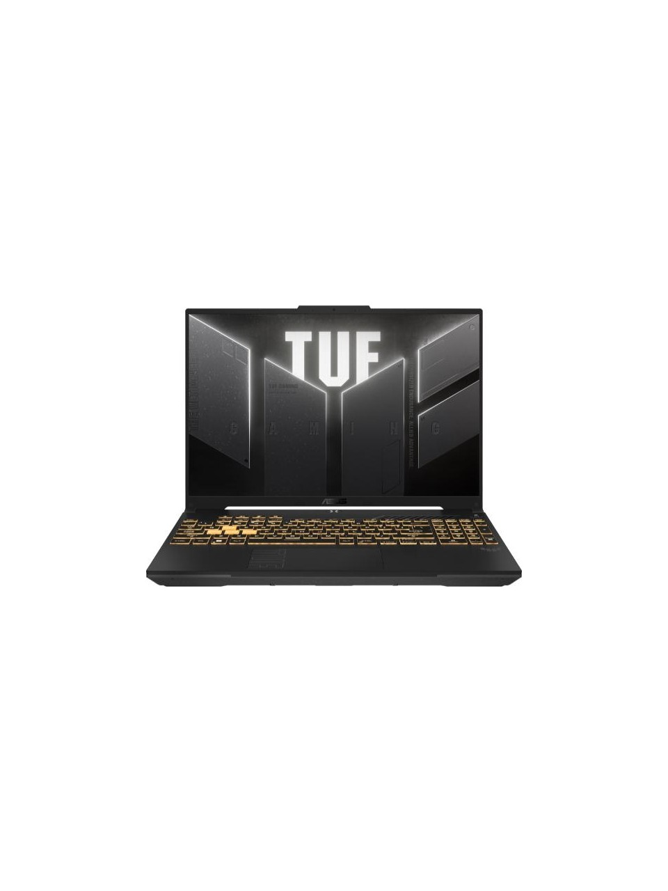 Ekranda TUF Gaming logosu ve klavyede altın rengi tuşları olan siyah bir oyuncu dizüstü bilgisayarı.