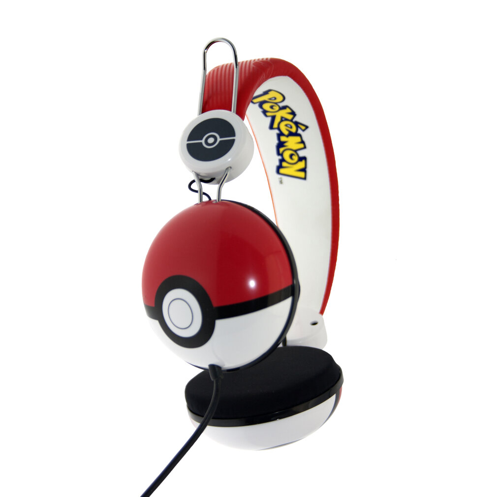 Auriculares de Pokémon rojos y blancos diseñados como una Pokébola sobre fondo blanco.