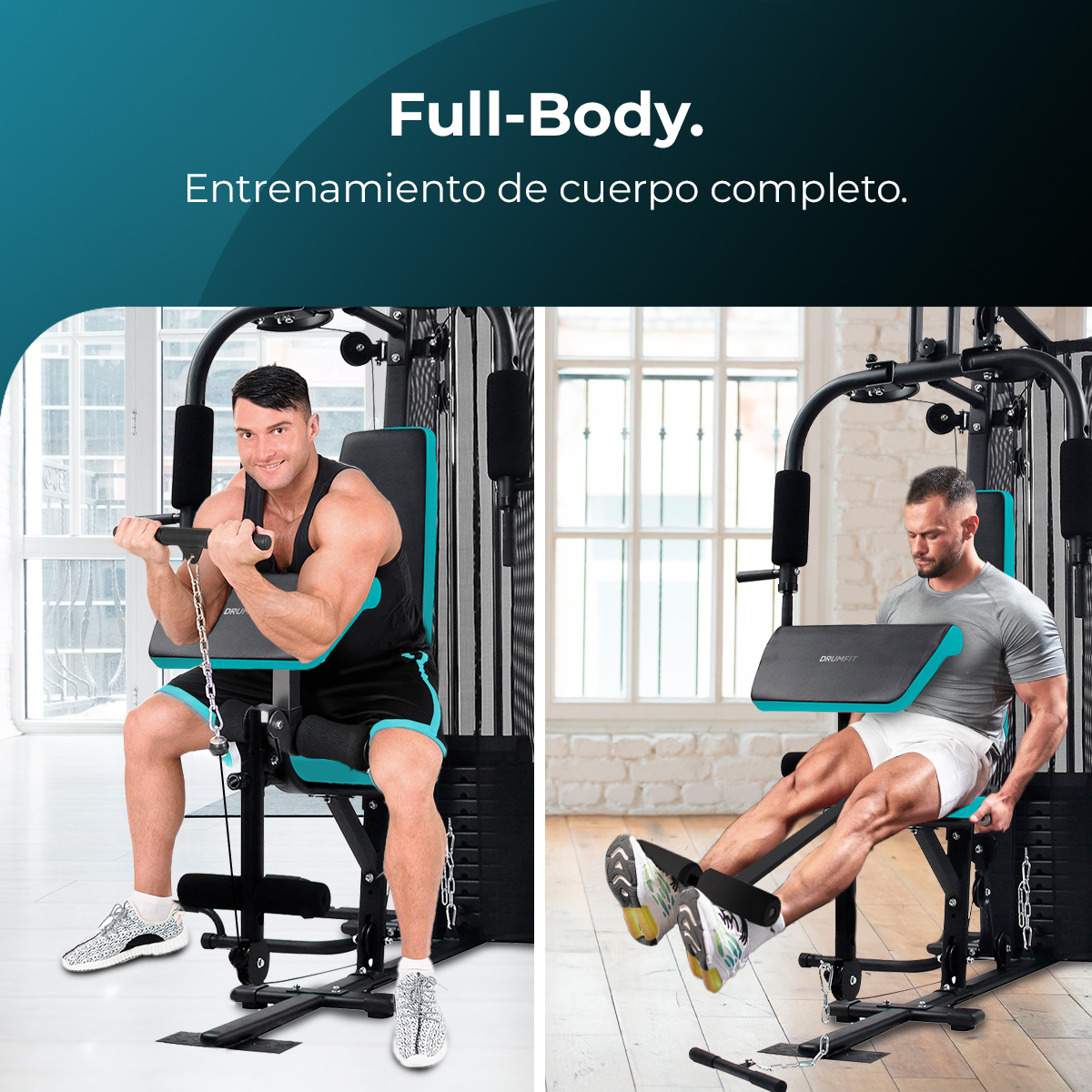 Dos hombres entrenando en una máquina de gimnasio. Texto: Full-Body.